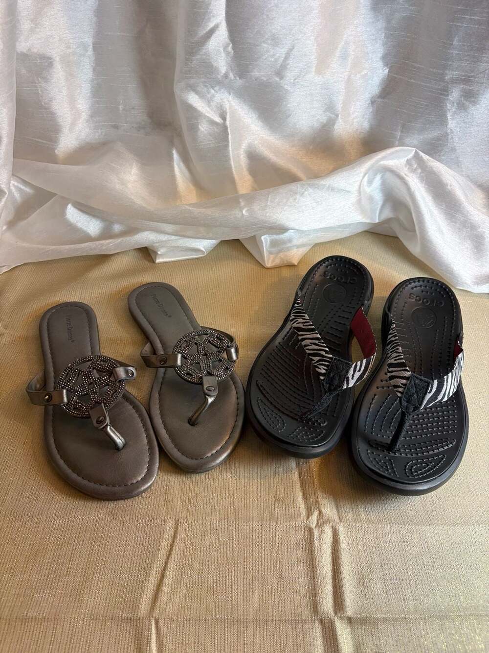 Rhinestone Thong Sandals & Crocs Zebra Print Flip Flops Size 9